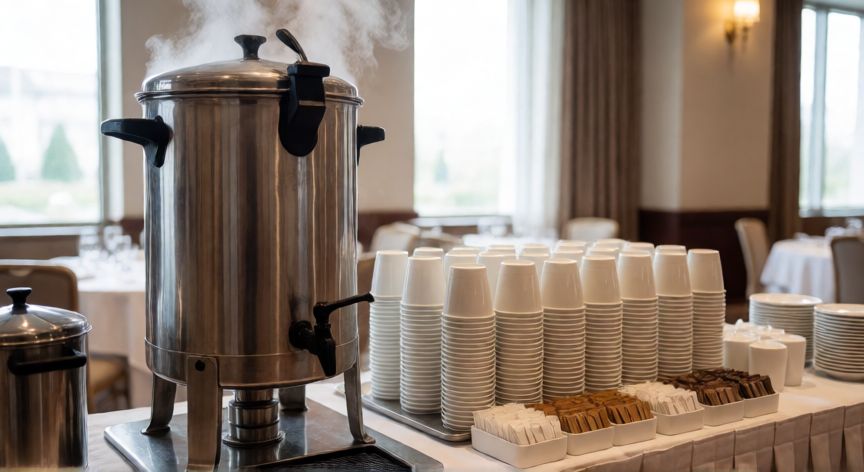 como hacer cafe para 100 personas, Estación de café industrial para eventos con grandes jarros y tazas dispuestas