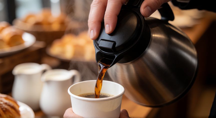 como hacer cafe para 100 personas, Vertiendo café caliente de una jarra térmica en un vaso desechable