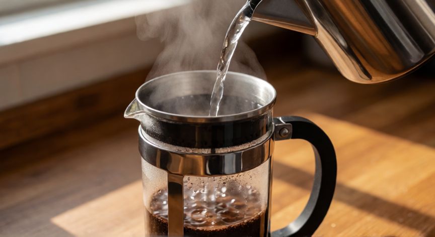como hacer cafe para 2 personas, Preparación de café en cafetera francesa con vapor subiendo