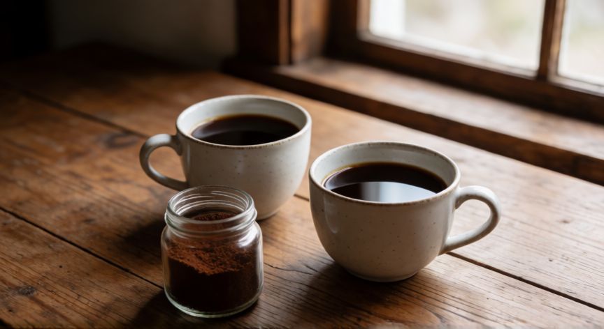 como hacer cafe para 2 personas, Dos tazas de café servido en una mesa de madera
