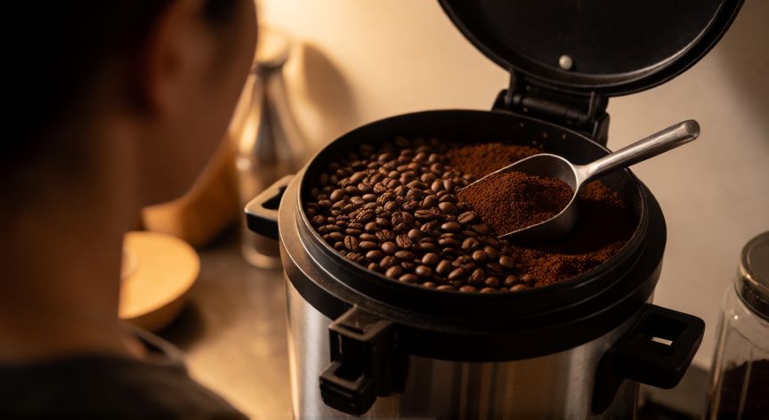 como hacer cafe para 20 personas, Preparación de café en gran cantidad con cafetera profesional y molienda media