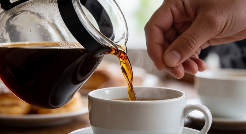 como hacer cafe para 20 personas, Sirviendo café recién hecho de una jarra grande en una taza blanca