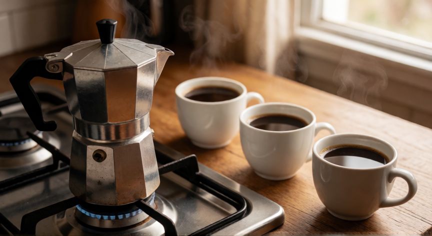 como hacer cafe para 3 personas, Cafetera italiana en la cocina con tres tazas de café servidas
