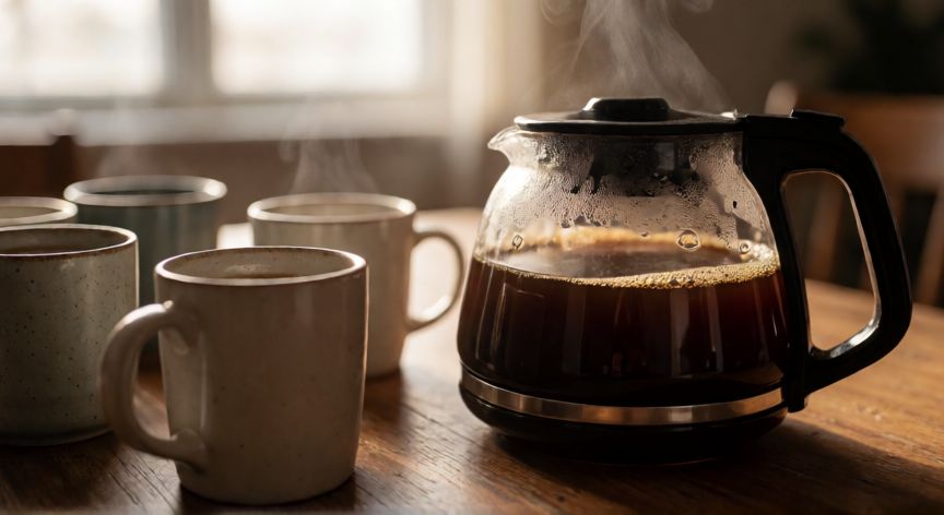como hacer cafe para 4 personas, Jarra de café recién hecho con vapor y cuatro tazas listas para servir