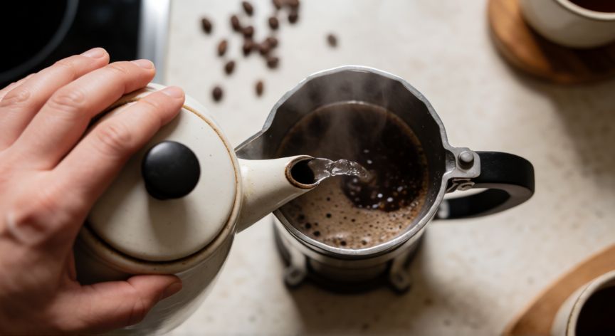 como hacer cafe para 4 personas, Detalle de manos vertiendo agua caliente para preparar café en una cafetera clásica