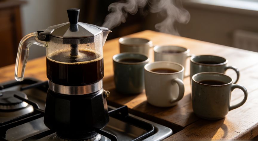 como hacer cafe para 5 personas, Cafetera italiana en la cocina con cinco tazas listas para ser servidas