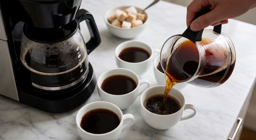 como hacer cafe para 5 personas, Serviendo café recién hecho en cinco tazas sobre una encimera de mármol