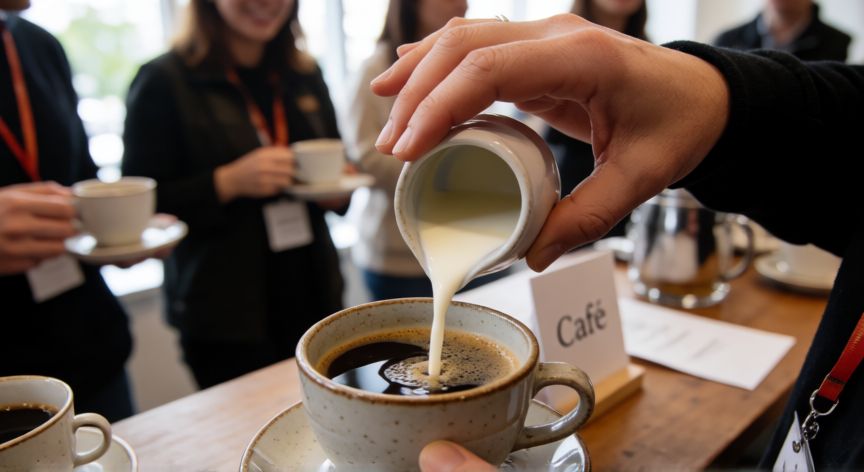 como hacer cafe para 50 personas, Detalle de la preparación final del café con leche en un evento social