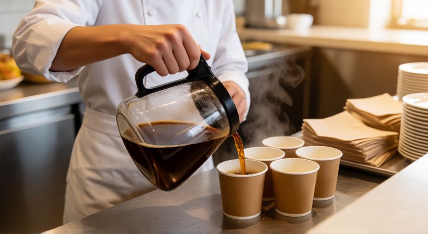 como hacer cafe para muchas personas, Barrista sirviendo café caliente en vasos de papel durante un evento