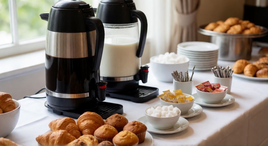 como hacer cafe para muchas personas, Mesa de bufé con dispensadores de café y bollería para invitados
