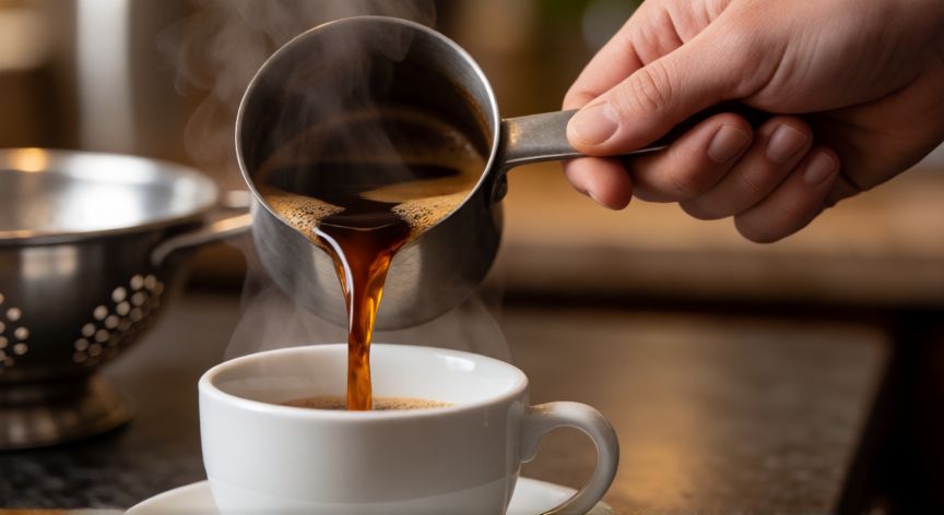 como hacer cafe pasado en olla, Sirviendo café recién pasado de la olla en una taza