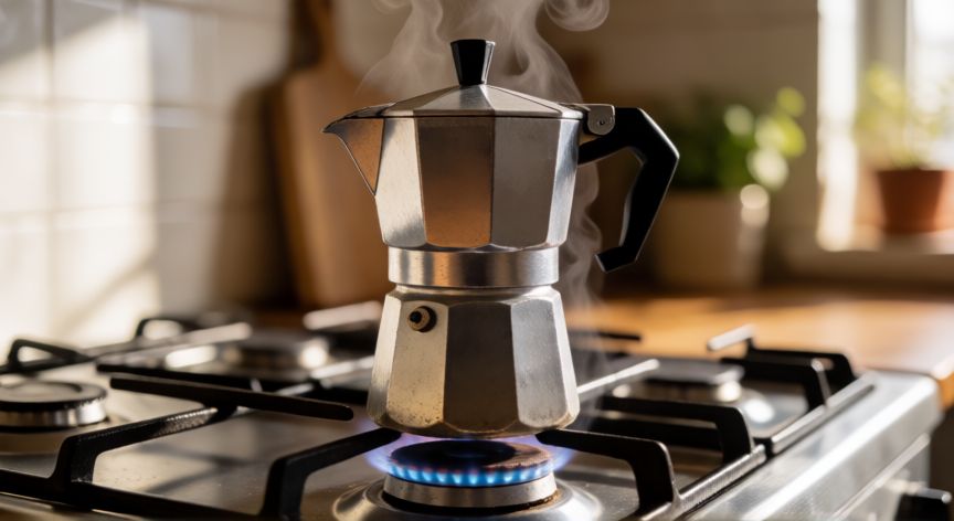 como hacer cafe perfecto en cafetera italiana, Cafetera italiana de aluminio sobre fuego con vapor ascendente