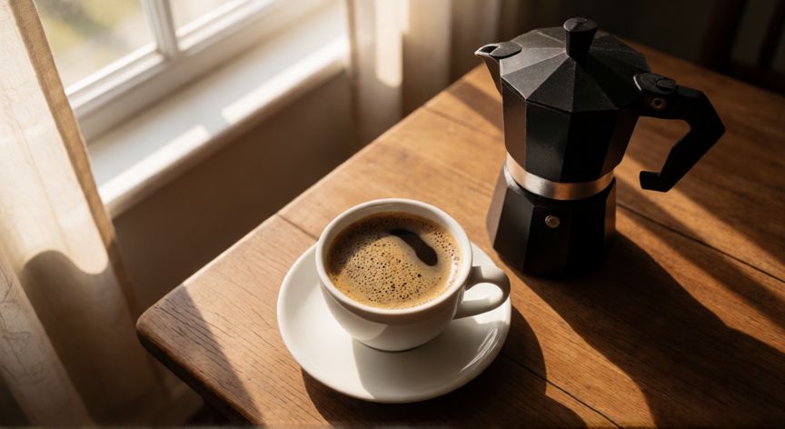 como hacer cafe perfecto en cafetera italiana, Taza de café recién hecho junto a una cafetera moka sobre mesa de madera