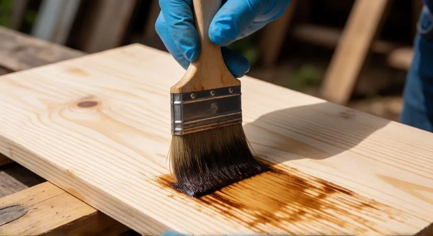 Manos aplicando tinte de café sobre madera de pino con brocha