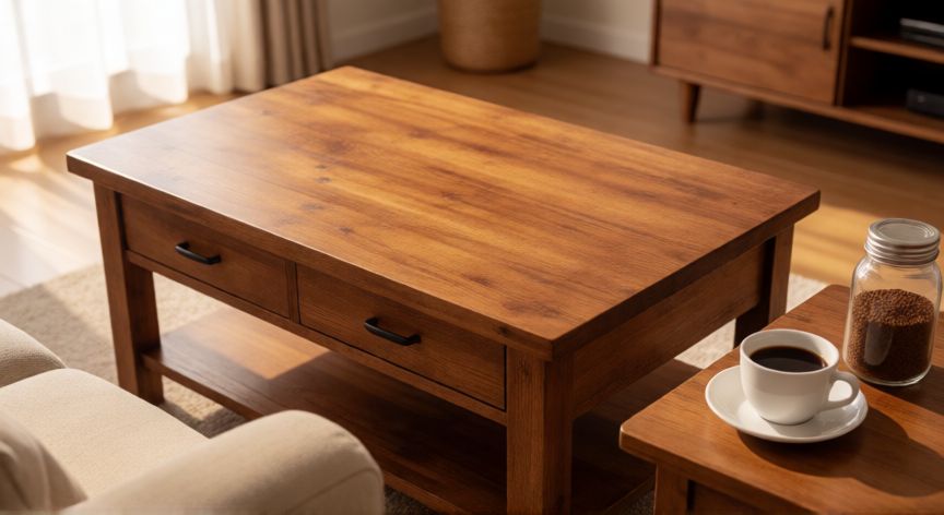 como hacer café pintura, Mesa de madera teñida con café en una sala de estar luminosa