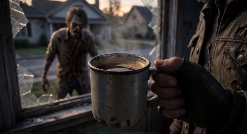 como hacer cafe project zomboid, Mano sosteniendo una taza de café caliente con un zombi al fondo en Project Zomboid