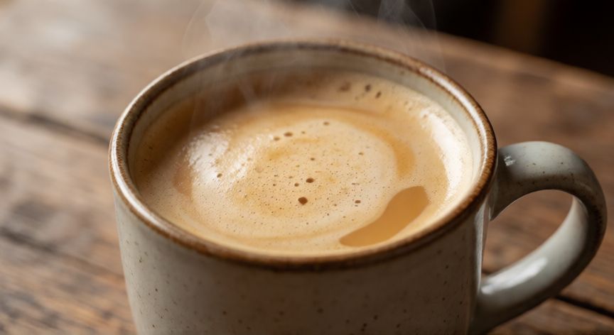 como hacer cafe proteico, Taza de café con proteína cremosa sobre mesa de madera