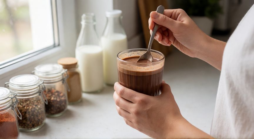 como hacer cafe proteico, Persona preparando café proteico en una cocina moderna