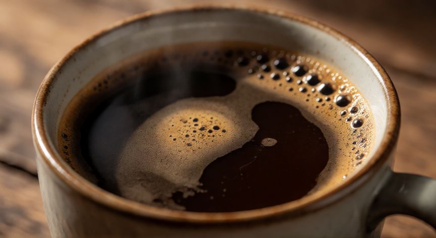 como hacer cafe quemado, Taza de café tostado oscuro con brillo aceitoso sobre mesa de madera