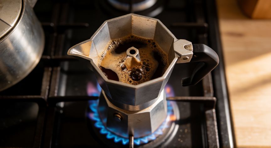 como hacer cafe quemado, Cafetera italiana de aluminio en la hornalla preparando café intenso