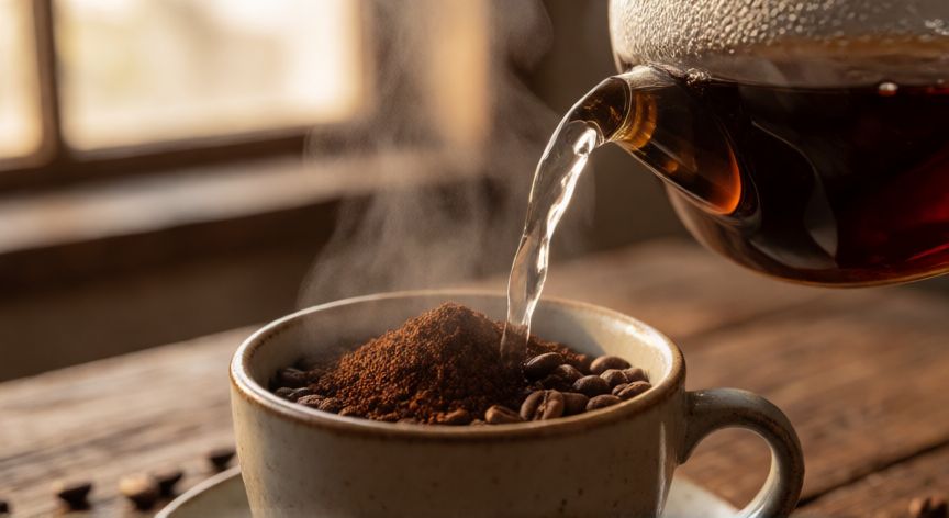 como hacer cafe rapido, Viértiendo agua caliente sobre café molido en una taza de cerámica