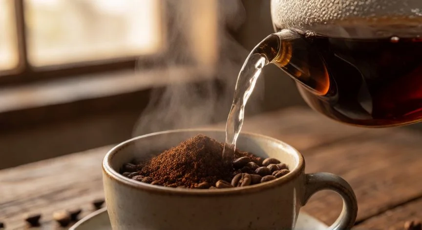 Viértiendo agua caliente sobre café molido en una taza de cerámica