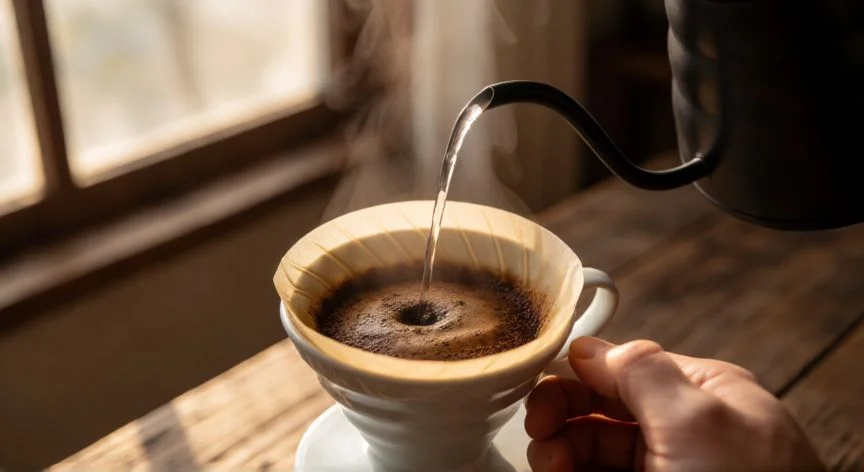 Vierto de agua caliente en un filtro V60 para preparar café de especialidad