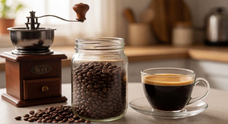 como hacer cafe rico, Granos de café recién tostados junto a un molinillo y una taza lista para servir