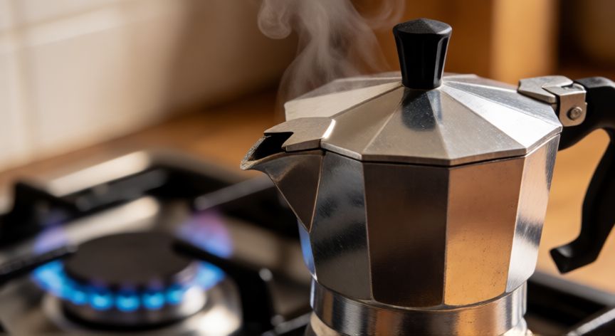 como hacer cafe rico en cafetera italiana, Cafetera italiana de acero inoxidable sobre fuego medio con vapor saliendo