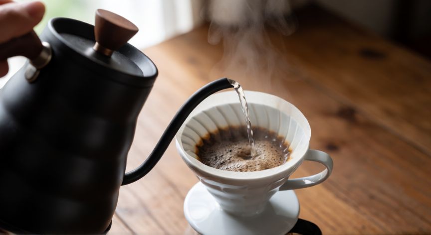 como hacer café rico y cremoso, Volcado de agua en espiral sobre café molido en un filtro V60