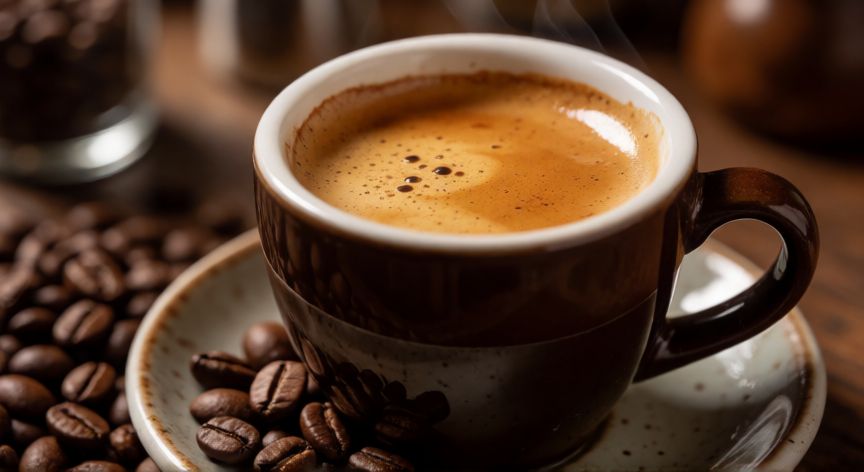 como hacer café rico y cremoso, Taza de espresso con capa dorada de crema y granos de café