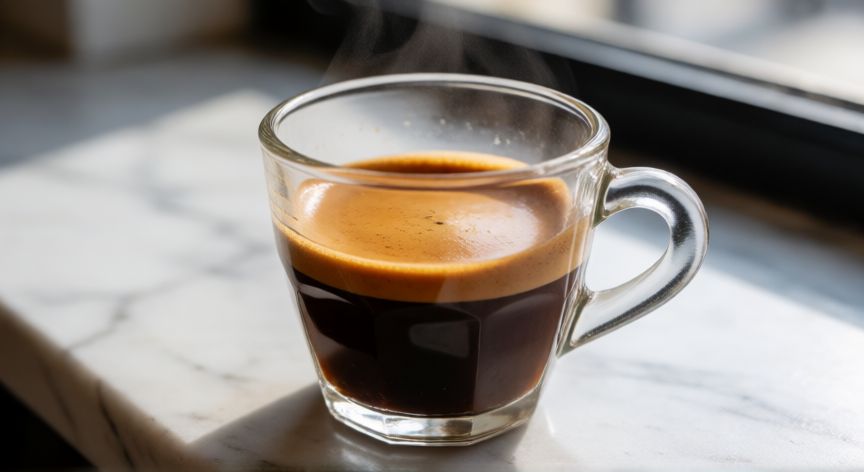 como hacer cafe ristretto, Taza de café ristretto con capa densa de crema sobre fondo de mármol