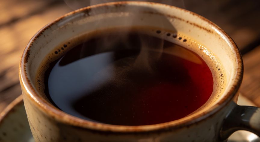 como hacer cafe rojizo, Vaso de café con reflejos rojizos sobre mesa de madera
