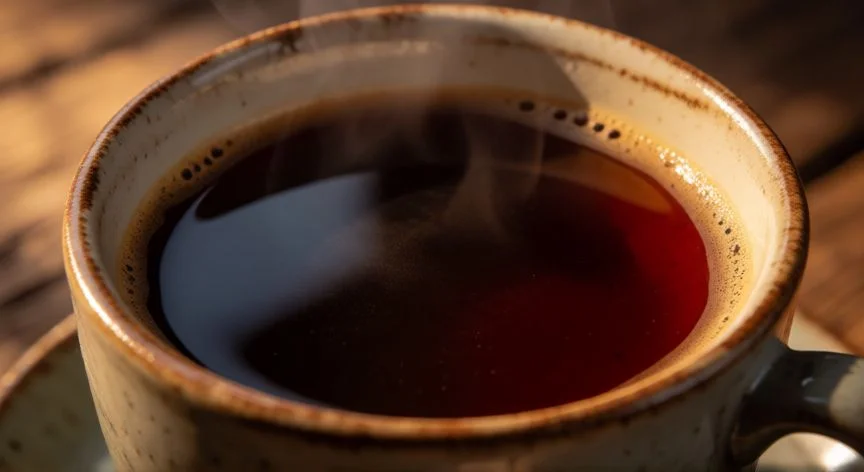 Vaso de café con reflejos rojizos sobre mesa de madera