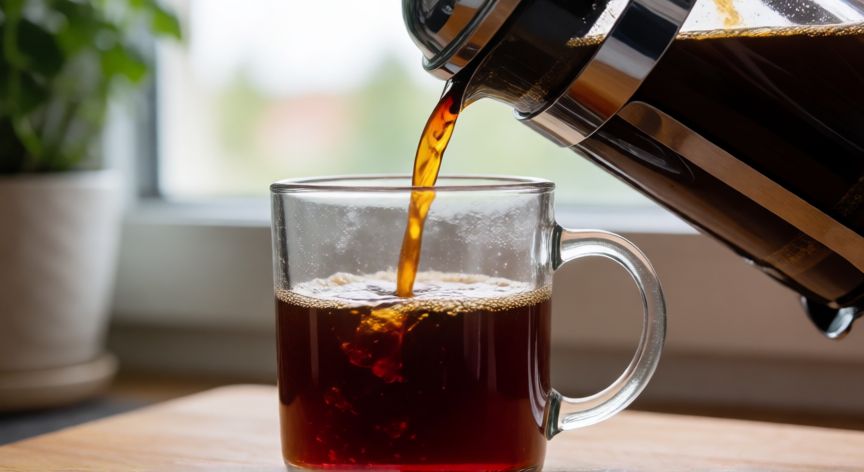 como hacer cafe rojizo, Prensa francesa sirviendo café de tono rojizo en una jarra de cristal