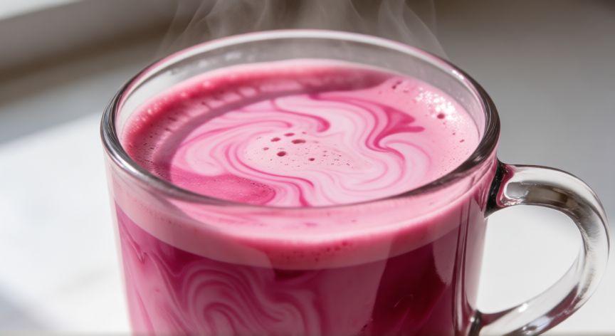 como hacer cafe rosa, Vaso de cristal con café rosa cremoso y vórtices de leche