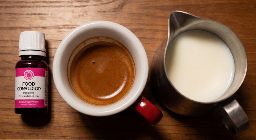 como hacer cafe rosa, Ingredientes para preparar café rosa: espresso, leche y colorante en mesa de madera