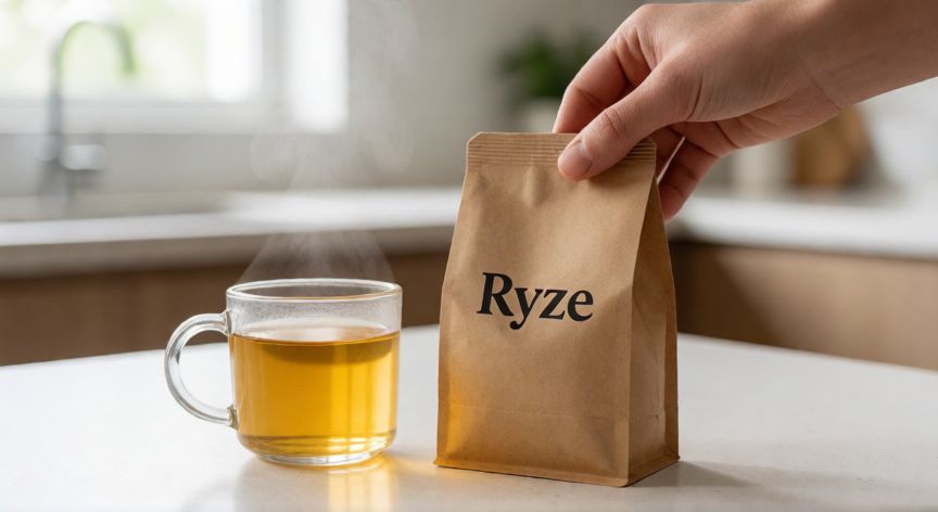 como hacer cafe ryze, Preparación de café Ryze con agua caliente en una taza de cristal