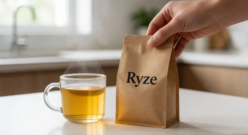 Preparación de café Ryze con agua caliente en una taza de cristal