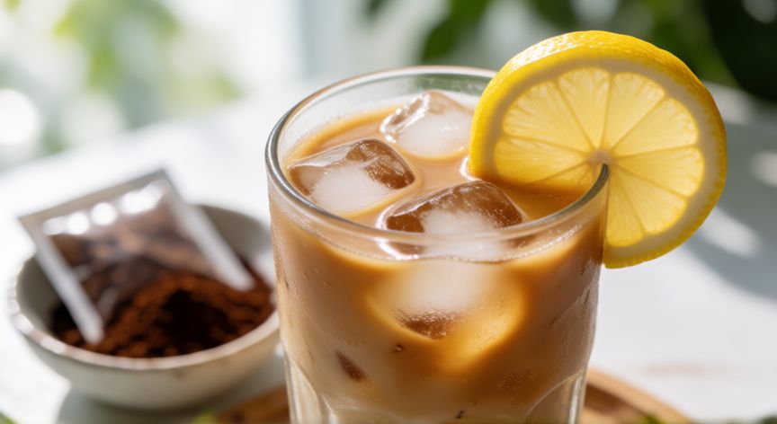 como hacer cafe ryze, Café Ryze frío con hielo y limón en un vaso alto
