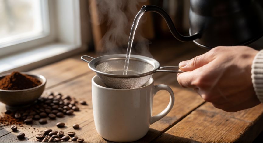 como hacer cafe sin cafetera, Viendo agua caliente sobre café molido en un colador de malla metálica