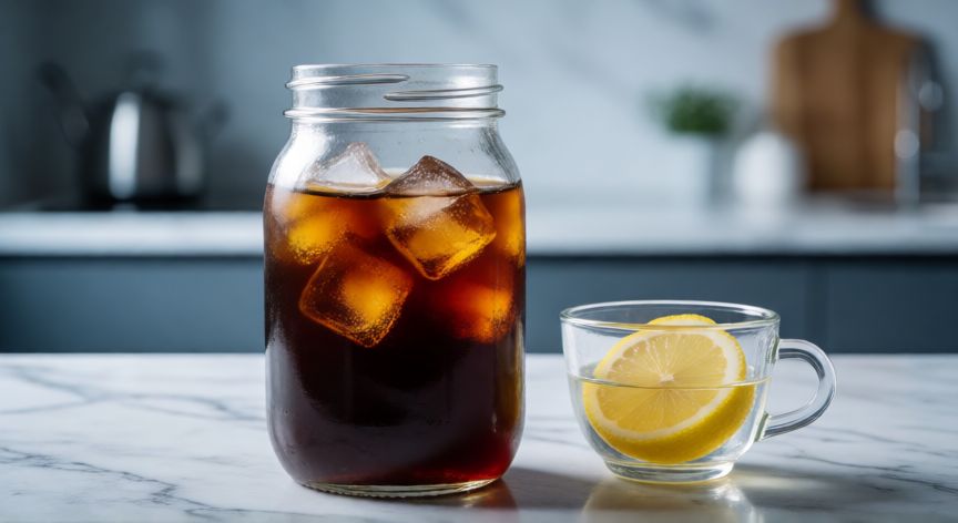 como hacer cafe sin cafetera, Jarra de café frío con hielo junto a una taza en una encimera de mármol