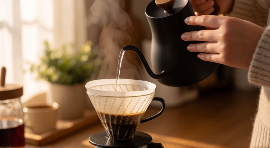 como hacer cafe sin cafetera italiana, Preparación de café con método de filtrado manual vertiendo agua caliente