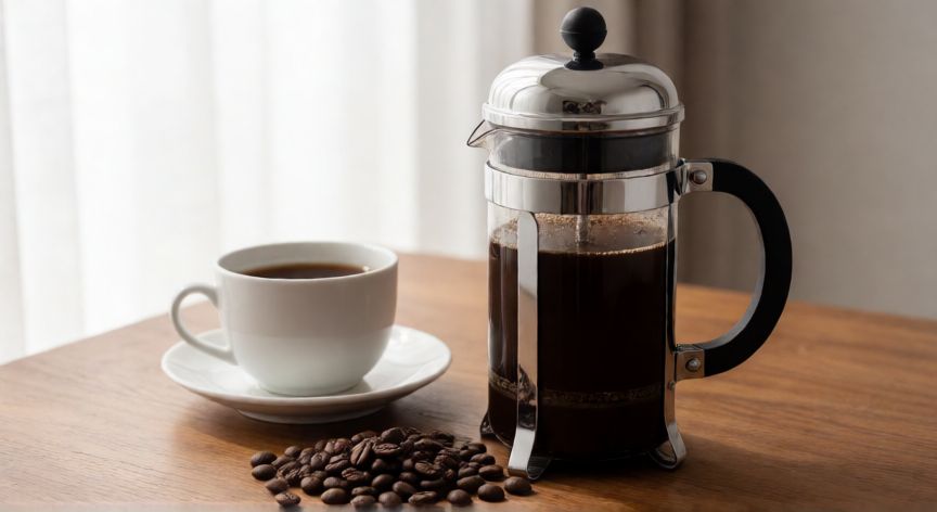 como hacer cafe sin cafetera italiana, Prensa francesa con café recién preparado sobre una mesa de madera