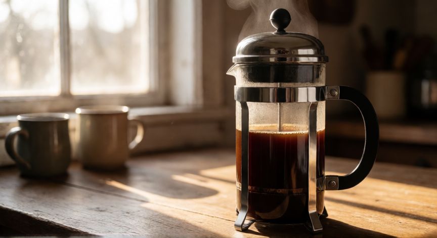 como hacer cafe sin filtro, Cafetera de prensa francesa de vidrio con café recién preparado en una mesa de madera