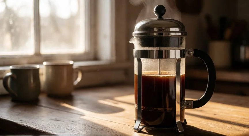 Cafetera de prensa francesa de vidrio con café recién preparado en una mesa de madera