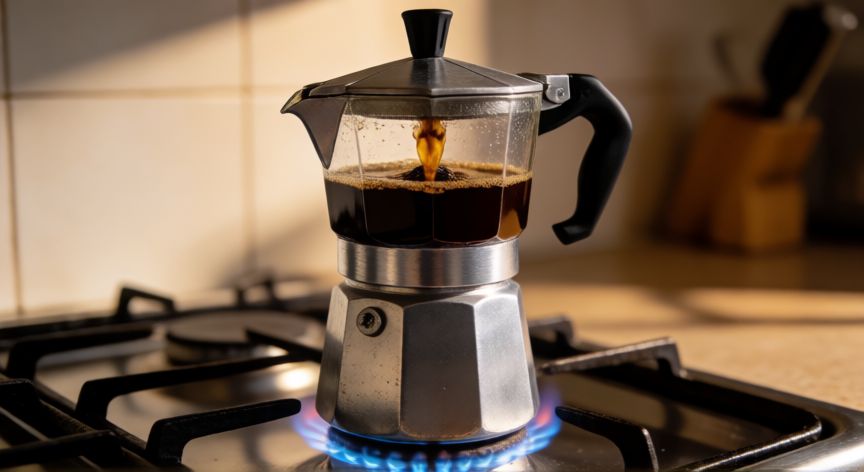 como hacer cafe sin filtro, Cafetera italiana de aluminio sobre una estufa con café goteando en la jarra superior