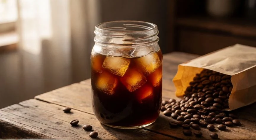 Jarra de café frío (cold brew) con hielo y granos de café al lado