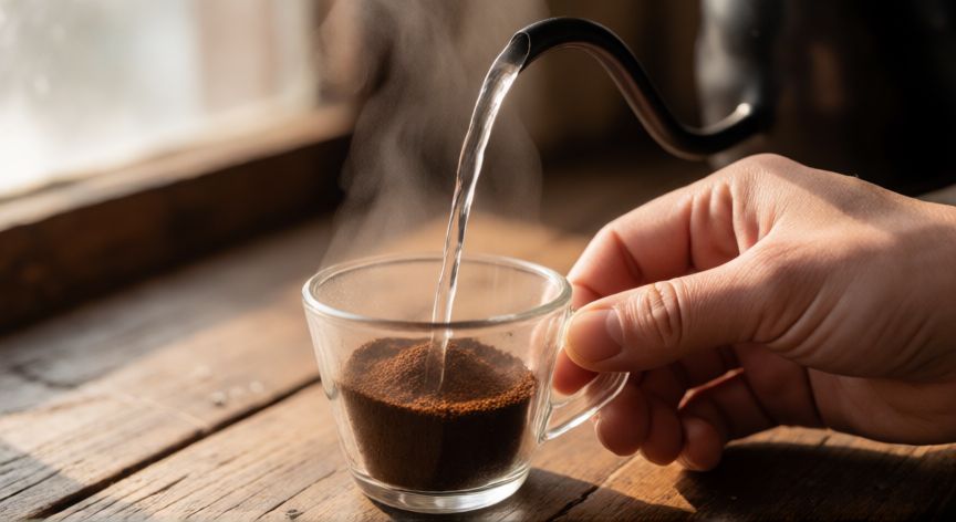 como hacer cafe solo, Mano vertiendo agua caliente en café molido con vapor