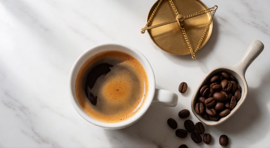 como hacer cafe solo, Taza de café solo con crema y granos de café al lado
